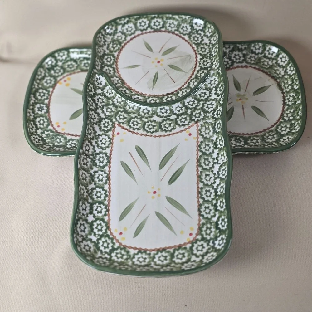Temp-tations By Tara Old World Green Snack Plates Set 2 Chip Dip Serving Tr